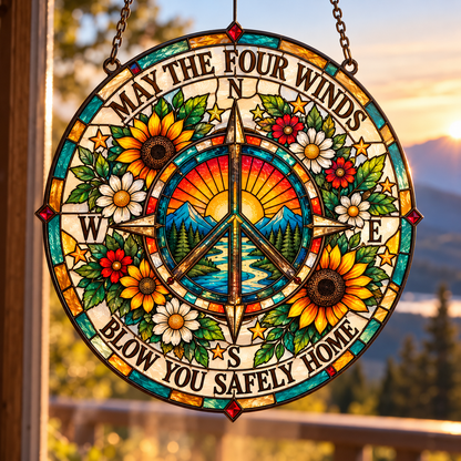 May The Four Winds Blow You Safely Home Stained Glass Suncatcher – Peace Compass Window Hanging, Vibrant Sunflower Window Suncatcher
