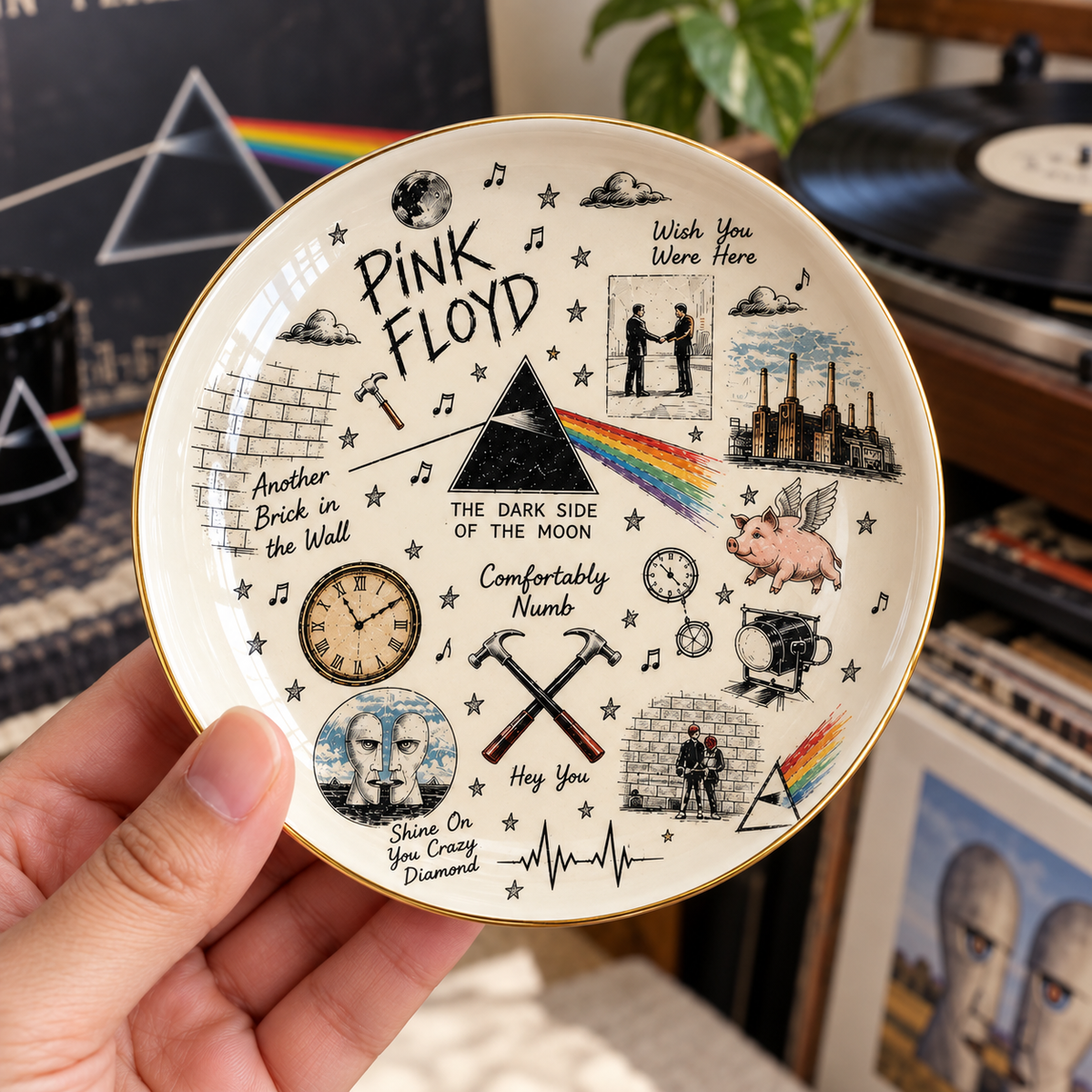 Pink Floyd Sketch Art Jewelry Dish - Ceramic Trinket Tray, Dark Side of the Moon Ring Holder, Prog Rock Band Fan Gift
