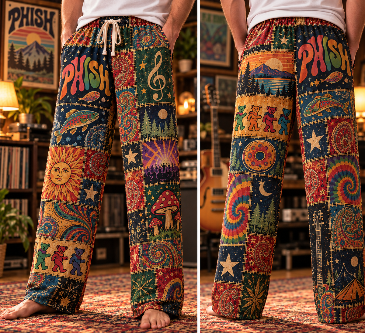 Phish Classic Jam Band Pajama Pants - Retro Patchwork Fish Art, Donut Pattern & Tie-Dye Sleepwear - Comfortable Pajama Bottoms for Music Fans & Collectors Gift