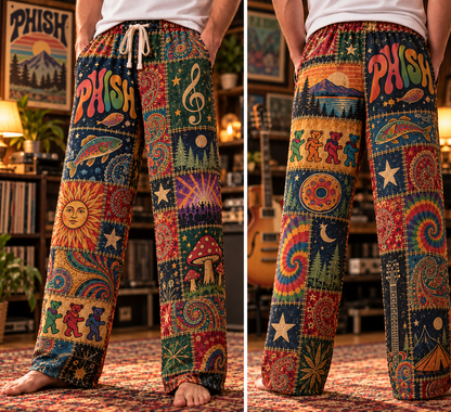 Phish Classic Jam Band Pajama Pants - Retro Patchwork Fish Art, Donut Pattern & Tie-Dye Sleepwear - Comfortable Pajama Bottoms for Music Fans & Collectors Gift