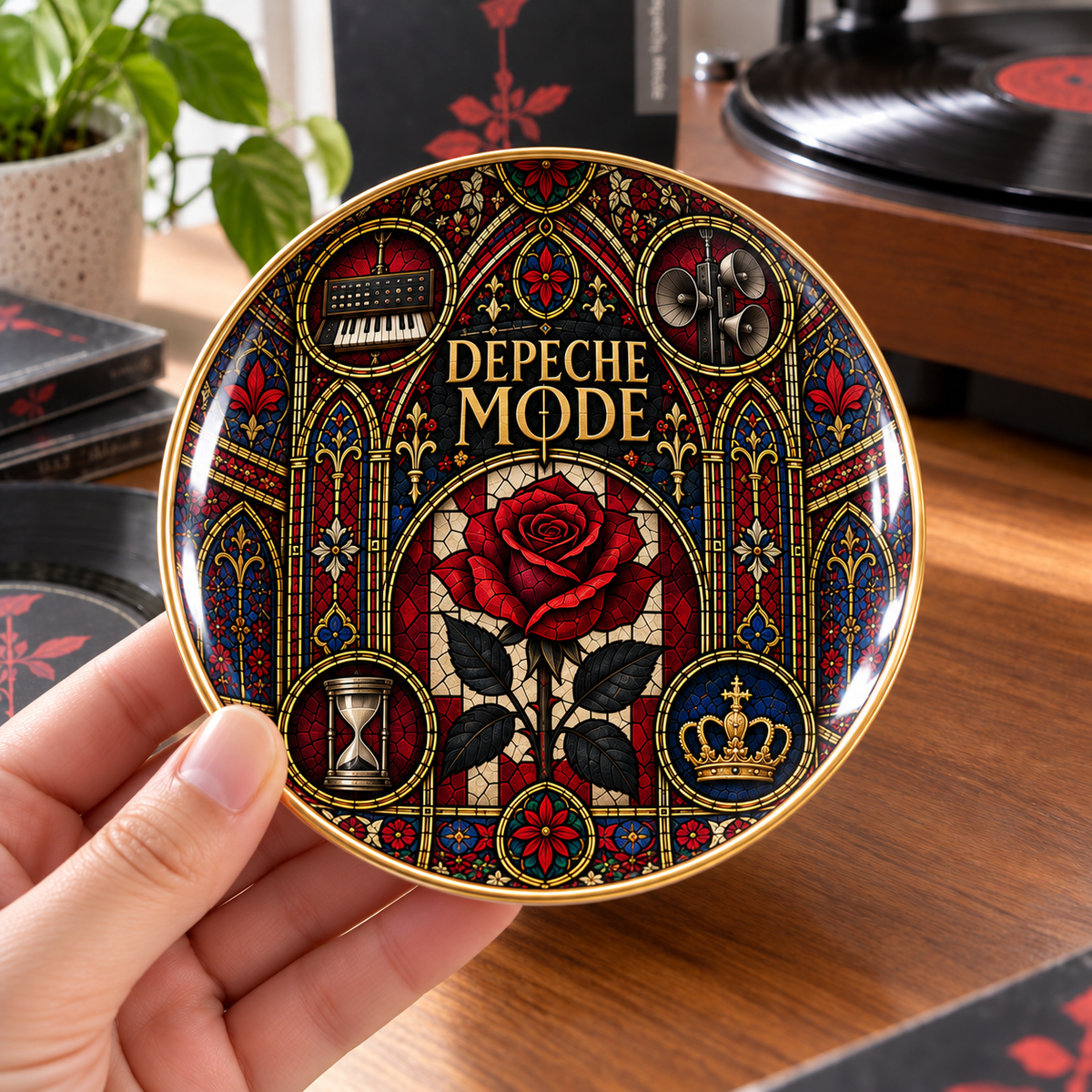 Depeche Mode Ceramic Ring Dish - Violator Rose Stained Glass Jewelry Tray, Synth Pop Trinket Dish Fan Gift
