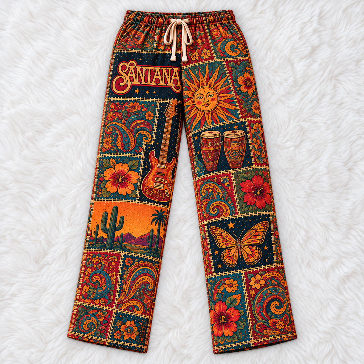 Santana Latin Rock Pajama Pants - Retro Patchwork Electric Guitar, Conga Drums & Desert Cactus Art Sleepwear - Comfortable Pajama Pants for Music Fans