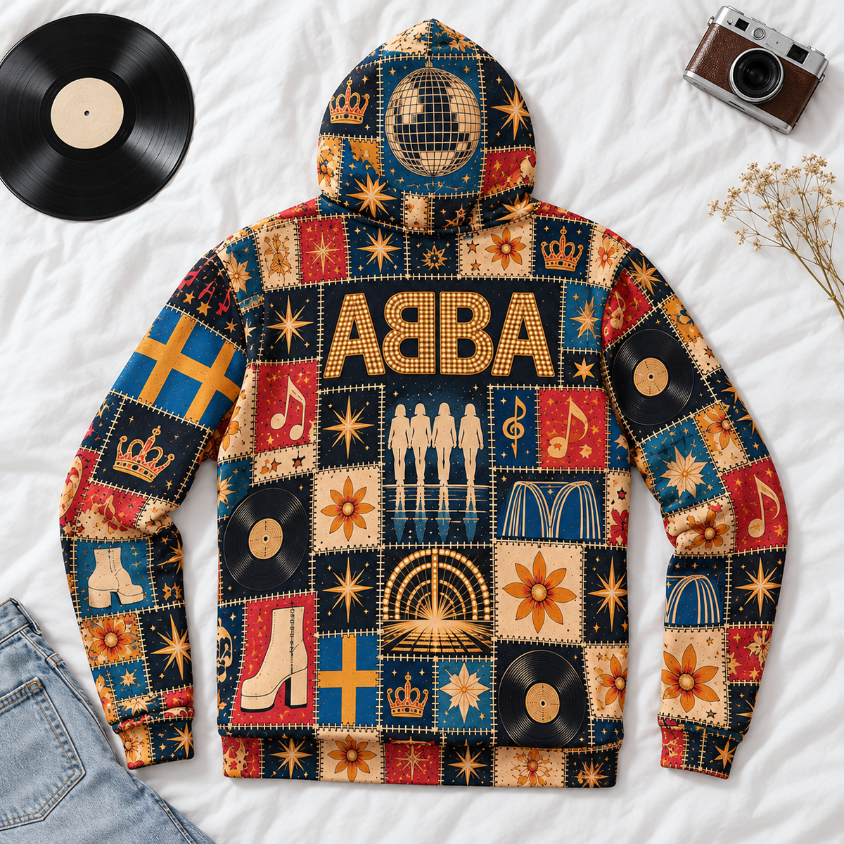 ABBA Patchwork Hoodie – Vintage 70s Disco Band Graphic Pullover, Dancing Queen Inspired Hoodie, Retro ABBA Fan Gift