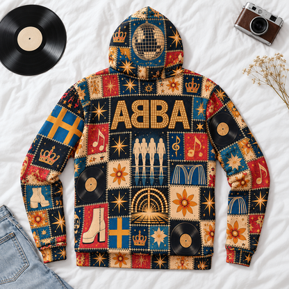 ABBA Patchwork Hoodie – Vintage 70s Disco Band Graphic Pullover, Dancing Queen Inspired Hoodie, Retro ABBA Fan Gift