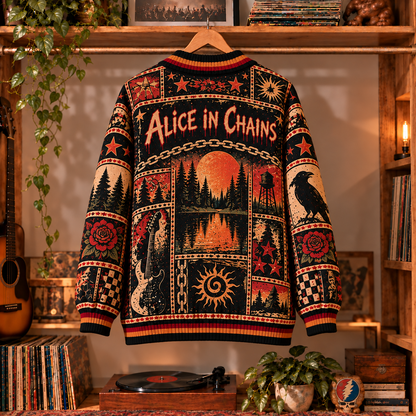 Alice in Chains Retro Graphic Cardigan - Vintage Rock Band Knit Outerwear, Alternative Music Fan Apparel & Fashion Style Gift