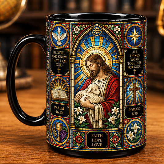 Jesus Christian Stained Glass Mug – Faith Hope Love Coffee Cup, Bible Verse Religious Gift, Christian Gift for Women & Jesus Lovers