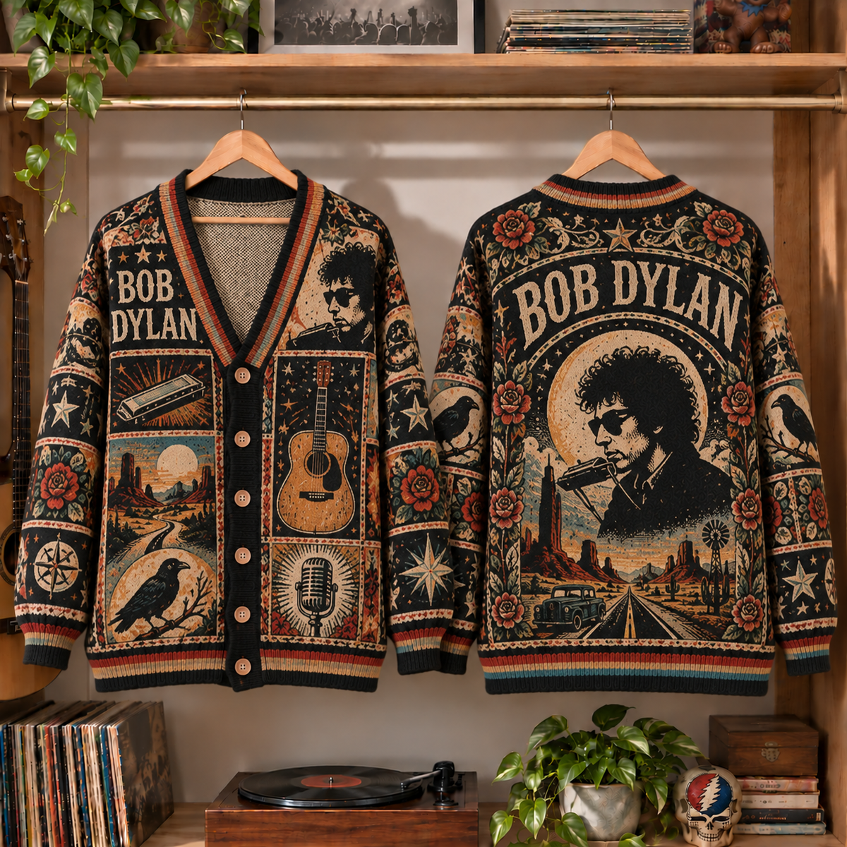 Bob Dylan Vintage Knit Cardigan- Premium Folk Rock Music Merchandise, Retro Acoustic Guitar & Harmonica Graphic Button Up Top
