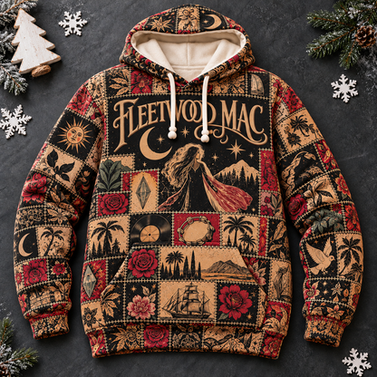 Fleetwood Mac Patchwork Hoodie – Vintage 70s Rock Band Graphic Pullover, Retro Boho Floral Hoodie, Fleetwood Mac Fan Gift