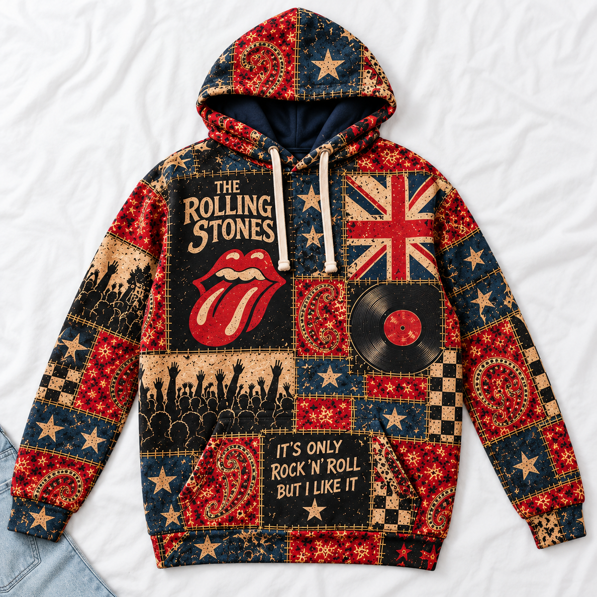 The Rolling Stones Patchwork Hoodie – Vintage Rock Band Graphic Pullover, Tongue Logo & Union Jack Design, Retro Classic Rock Fan Gift