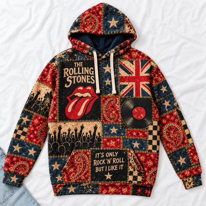 The Rolling Stones Patchwork Hoodie – Vintage Rock Band Graphic Pullover, Tongue Logo & Union Jack Design, Retro Classic Rock Fan Gift