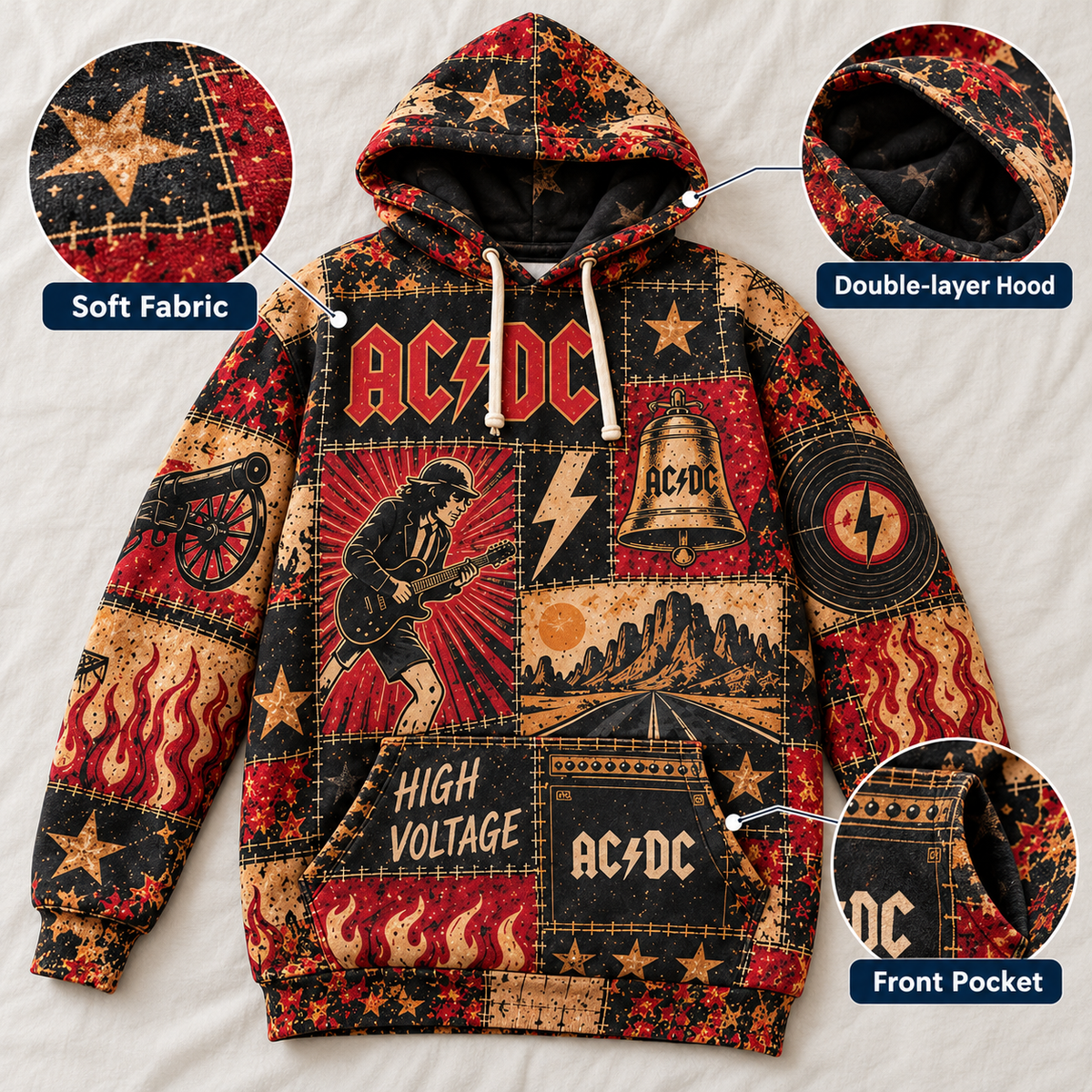 AC/DC Patchwork Hoodie – High Voltage Rock Band Pullover, Vintage Red Black Graphic Hoodie, Soft Fabric, AC/DC Fan Gift