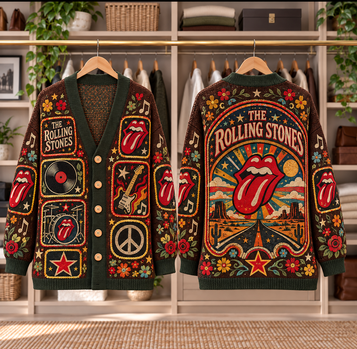The Rolling Stones Patchwork Cardigan - Casual Button Sweater, Tongue Logo Guitar Classic Rock Music Fan Gift
