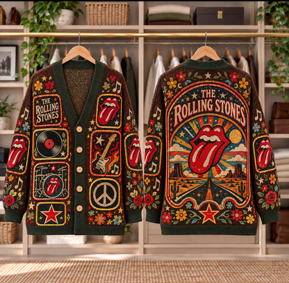 The Rolling Stones Patchwork Cardigan - Casual Button Sweater, Tongue Logo Guitar Classic Rock Music Fan Gift