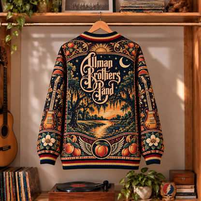 The Allman Brothers Band Vintage Knit Cardigan- Premium Southern Rock Music Merchandise, Retro Electric Guitar & Peach Graphic Button Up Top