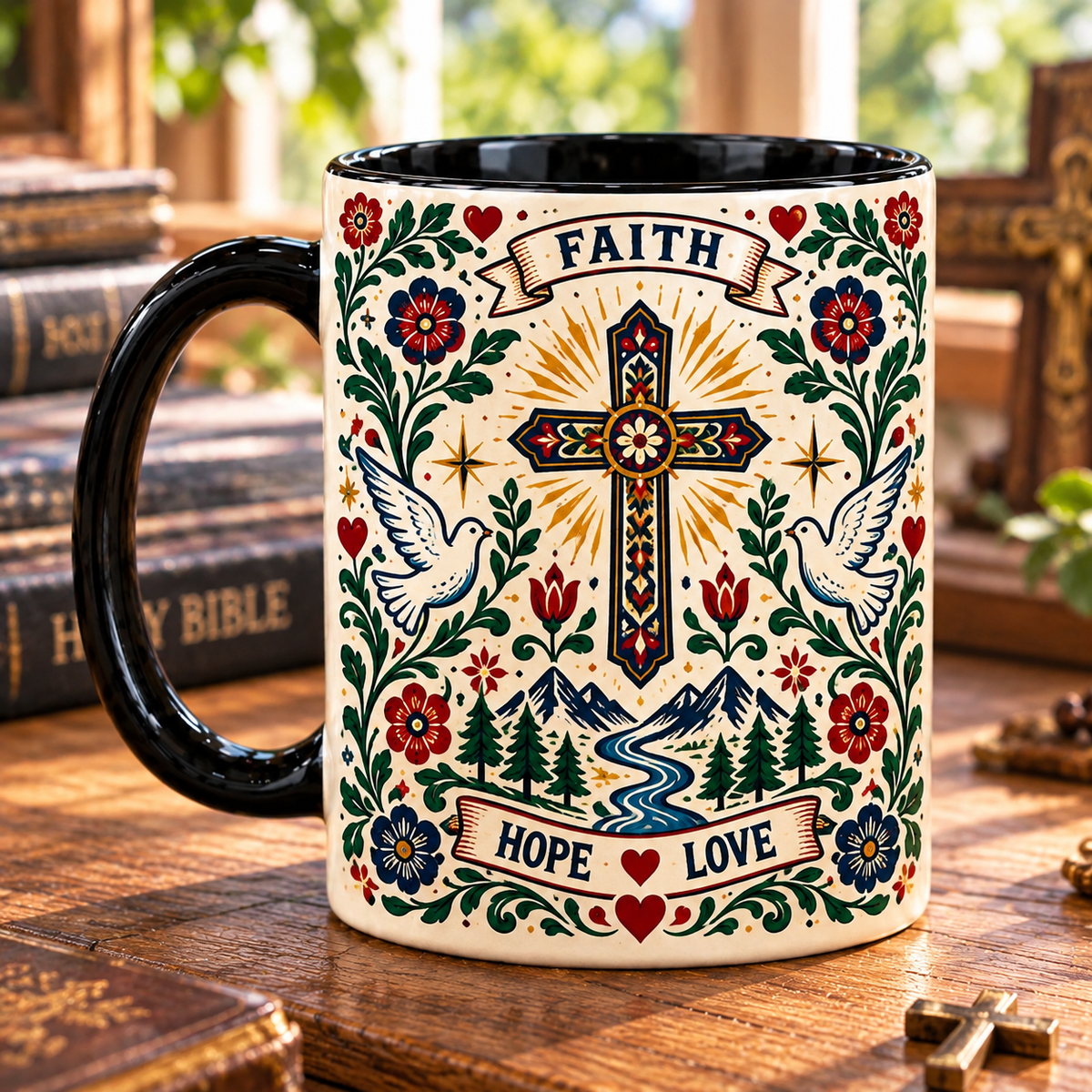 Jesus Nordic Folk Art Mug – Christian Faith Hope Love Coffee Cup, Scandinavian Cross & Dove Religious Gift for Christian Women