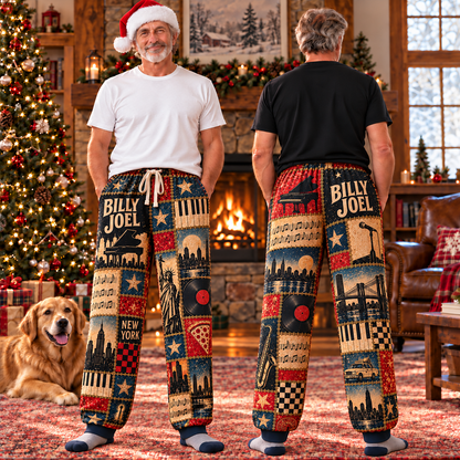 Billy Joel Pajama Pants - Patchwork Piano Man & NYC Art Sleepwear | Comfortable Music Fan Lounge Pants