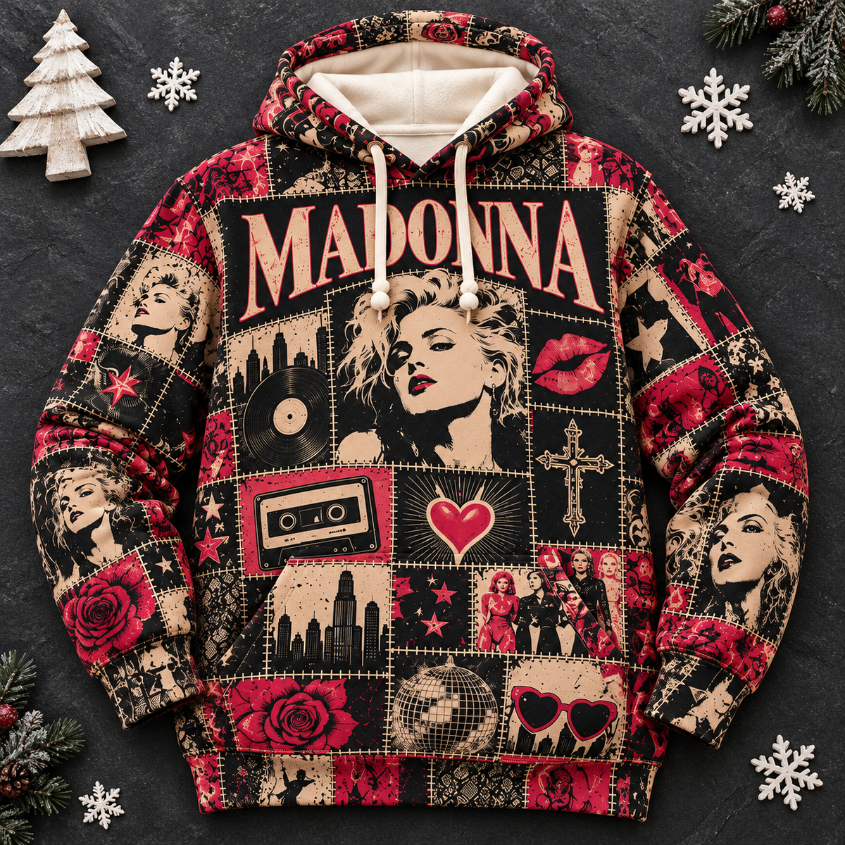 Madonna Patchwork Hoodie – Vintage Queen of Pop Graphic Pullover, Retro 80s Music Sweatshirt, Madonna Fan Gift, Iconic Pop Star Unisex Hoodie