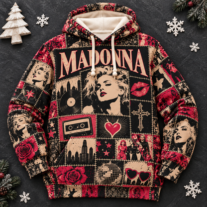 Madonna Patchwork Hoodie – Vintage Queen of Pop Graphic Pullover, Retro 80s Music Sweatshirt, Madonna Fan Gift, Iconic Pop Star Unisex Hoodie