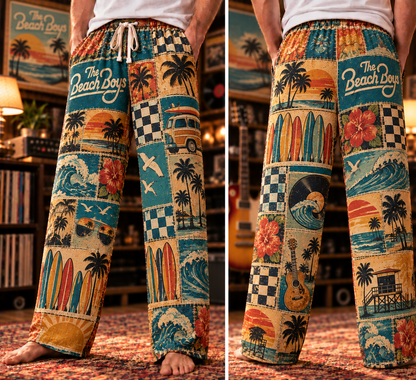 The Beach Boys Patchwork Pajama Pants - Vintage Surf Rock Art & California Sun Lounge Pants with Elastic Waistband, Adjustable Drawstring & Two Side Pockets
