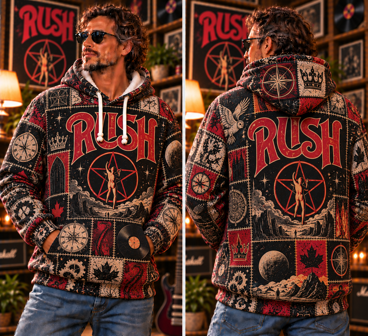 Rush Patchwork Hoodie – Vintage 2112 Starman Graphic Pullover, Retro 70s 80s Progressive Rock Sweatshirt, Classic Rock Band Hoodie