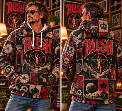 Rush Patchwork Hoodie – Vintage 2112 Starman Graphic Pullover, Retro 70s 80s Progressive Rock Sweatshirt, Classic Rock Band Hoodie