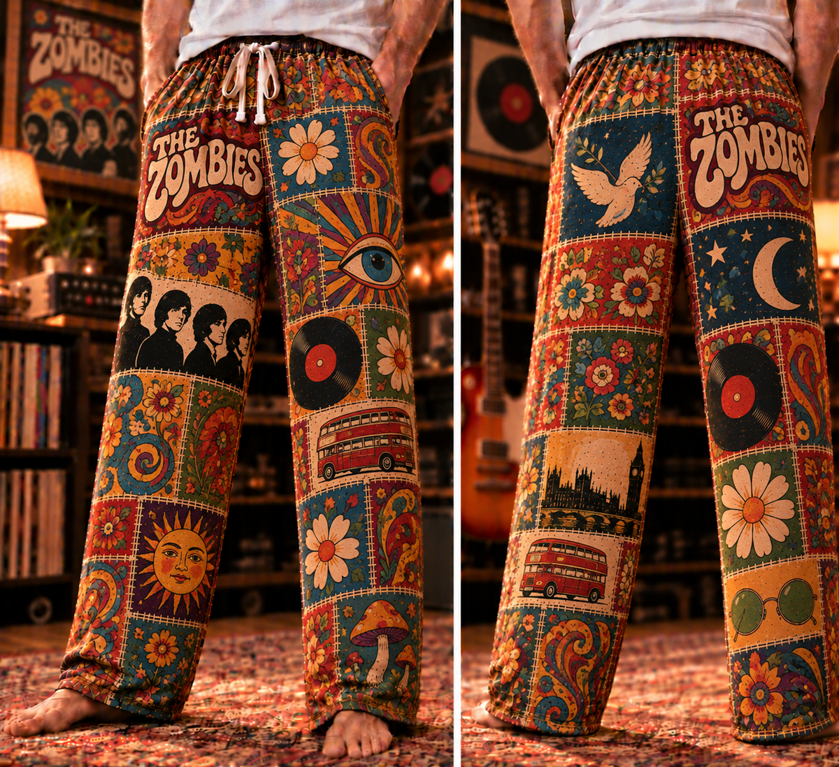 The Zombies Patchwork Pajama Pants - Vintage 60s Psychedelic Rock Art & British Invasion Lounge Pants with Elastic Waistband, Adjustable Drawstring & Two Side Pockets