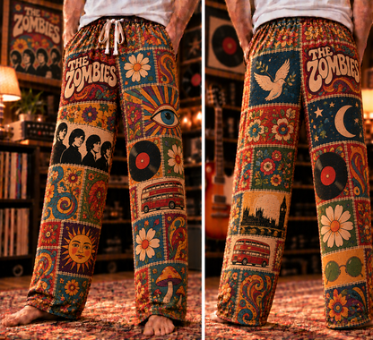 The Zombies Patchwork Pajama Pants - Vintage 60s Psychedelic Rock Art & British Invasion Lounge Pants with Elastic Waistband, Adjustable Drawstring & Two Side Pockets