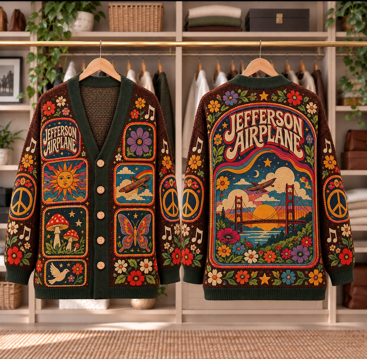 Jefferson Airplane Patchwork Cardigan - Casual Oversized Button Sweater, Airplane Peace Sign Psychedelic Rock Fan Gift