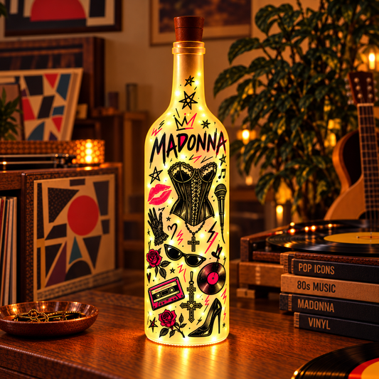 Madonna Vintage Lighted Bottle Lamp - Premium Pop Music Icon Merchandise, Material Girl & Like A Prayer LED Fairy Light Up Bottle Night Light Decor