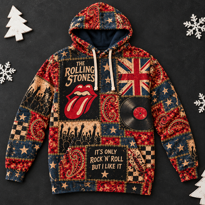 The Rolling Stones Patchwork Hoodie – Vintage Rock Band Graphic Pullover, Tongue Logo & Union Jack Design, Retro Classic Rock Fan Gift