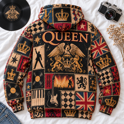 Queen Patchwork Hoodie – Vintage Freddie Mercury Graphic Pullover, Retro 70s 80s Classic Rock Sweatshirt, Bohemian Rhapsody Inspired Hoodie