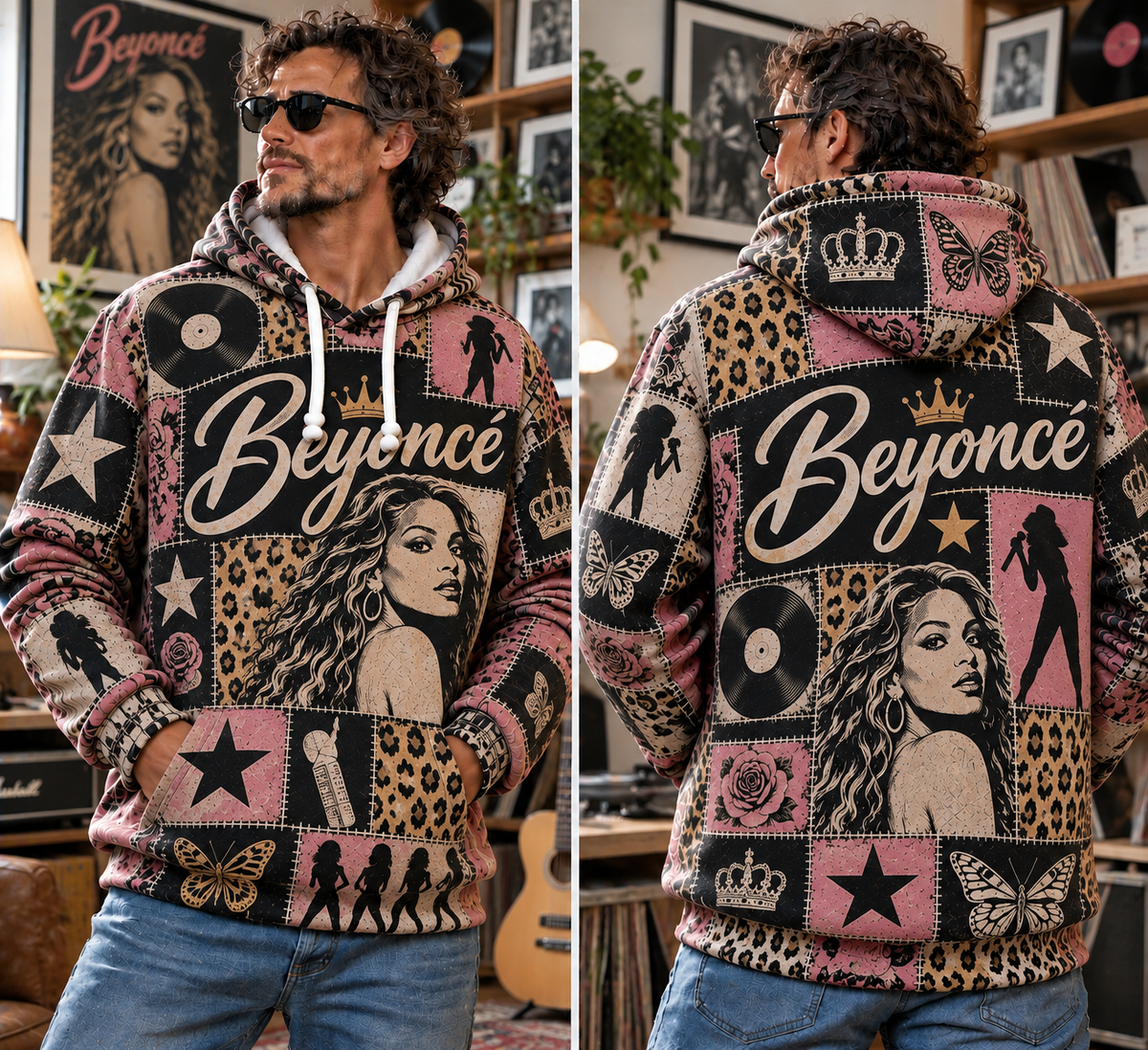 Beyoncé Patchwork Hoodie – Vintage Queen Bey Graphic Pullover, Pink Leopard Print Music Hoodie, Retro Pop R&B Fan Gift