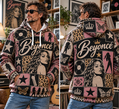 Beyoncé Patchwork Hoodie – Vintage Queen Bey Graphic Pullover, Pink Leopard Print Music Hoodie, Retro Pop R&B Fan Gift