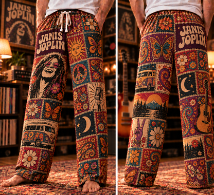 Janis Joplin Pajama Pants - Patchwork Psychedelic Blues Rock Sleepwear | Comfortable Music Fan Lounge Pants