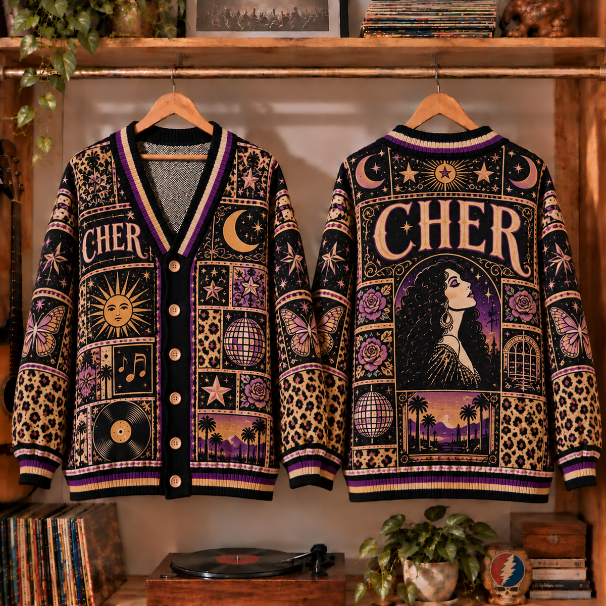 Cher Retro Graphic Cardigan - Vintage Singer Knit Outerwear, Pop Icon Fan Apparel & Fashion Style Gift