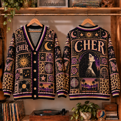 Cher Retro Graphic Cardigan - Vintage Singer Knit Outerwear, Pop Icon Fan Apparel & Fashion Style Gift