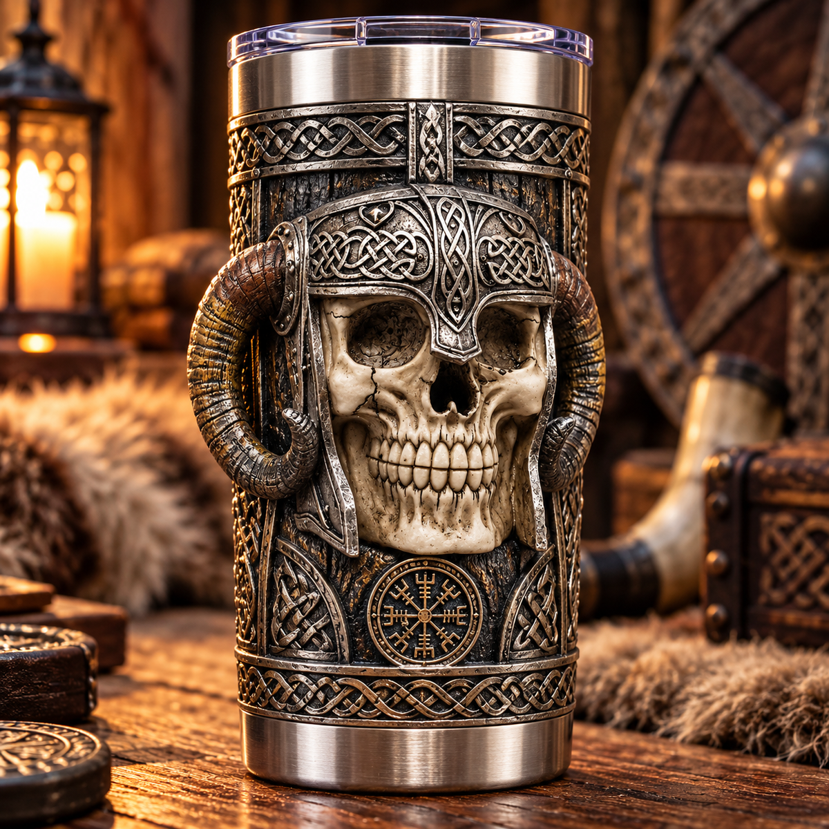 3D Printed Viking Skull Warrior & Vegvisir Symbol Tumbler - Dark Fantasy Norse Mythology Stainless Steel Drinkware