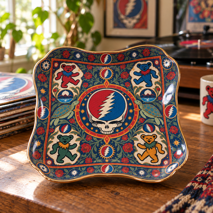 Grateful Dead Steal Your Face Jewelry Dish - Ceramic Trinket Tray, Dancing Bears Ring Holder, Psychedelic Rock Band Fan Gift