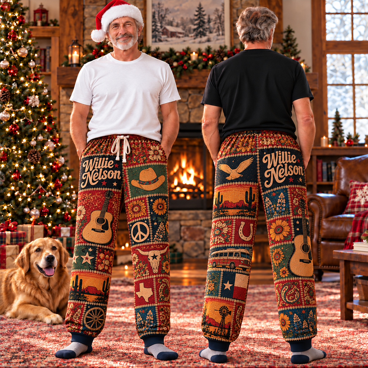 Willie Nelson Patchwork Pajama Pants - Vintage Outlaw Country Music Art & Texas Flag Lounge Pants with Elastic Waistband, Adjustable Drawstring & Two Side Pockets