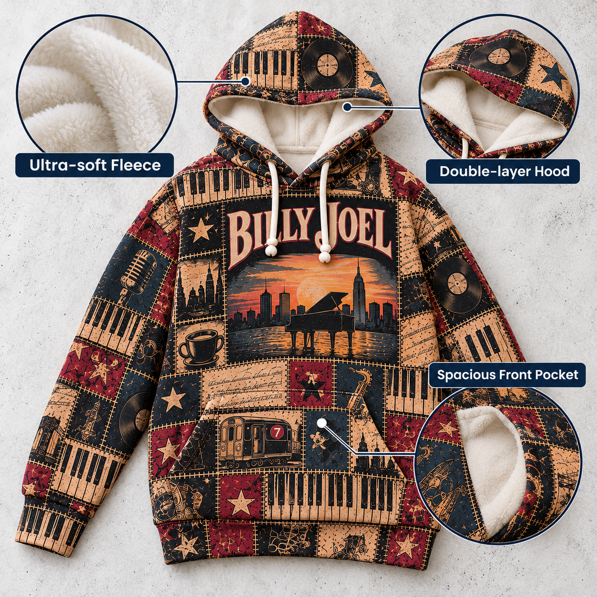 Billy Joel Patchwork Hoodie – Vintage Piano Man Graphic Pullover, Retro New York Rock Music Hoodie, Classic Rock Fan Gift