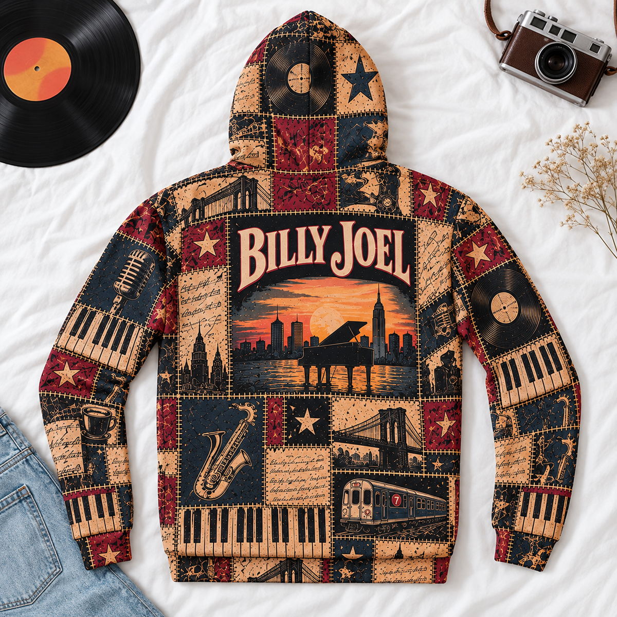 Billy Joel Patchwork Hoodie – Vintage Piano Man Graphic Pullover, Retro New York Rock Music Hoodie, Classic Rock Fan Gift