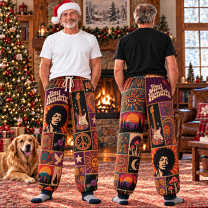 Jimi Hendrix Pajama Pants - Patchwork Psychedelic Rock Art Sleepwear | Music Fan Lounge Pants