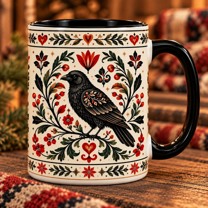 Nordic Folk Art Raven Ceramic Mug, Vintage Raven Coffee Mug, Scandinavian Botanical Raven Cup