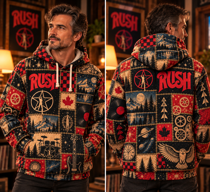 Rush Patchwork Hoodie – Vintage Progressive Rock Band Graphic Pullover, 2112 Starman Inspired Hoodie, Retro Music Lover Gift