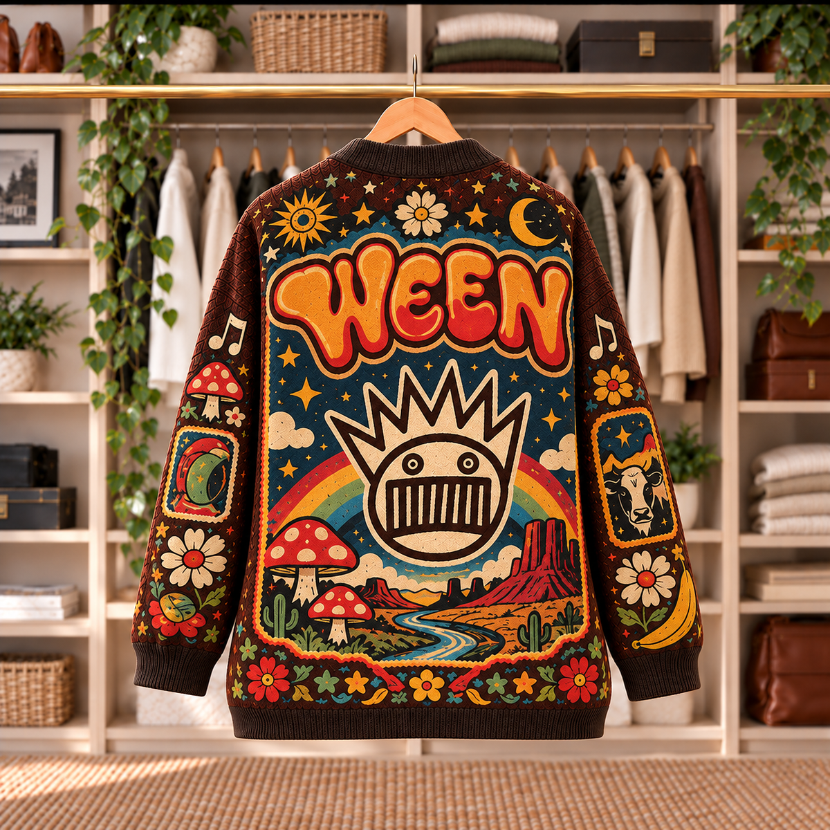 Ween Patchwork Knitted Cardigan - Casual Button Sweater, Boognish Pure Guava Alternative Rock Music Fan Gift