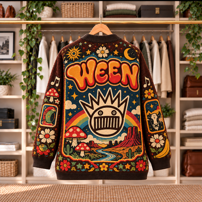 Ween Patchwork Knitted Cardigan - Casual Button Sweater, Boognish Pure Guava Alternative Rock Music Fan Gift