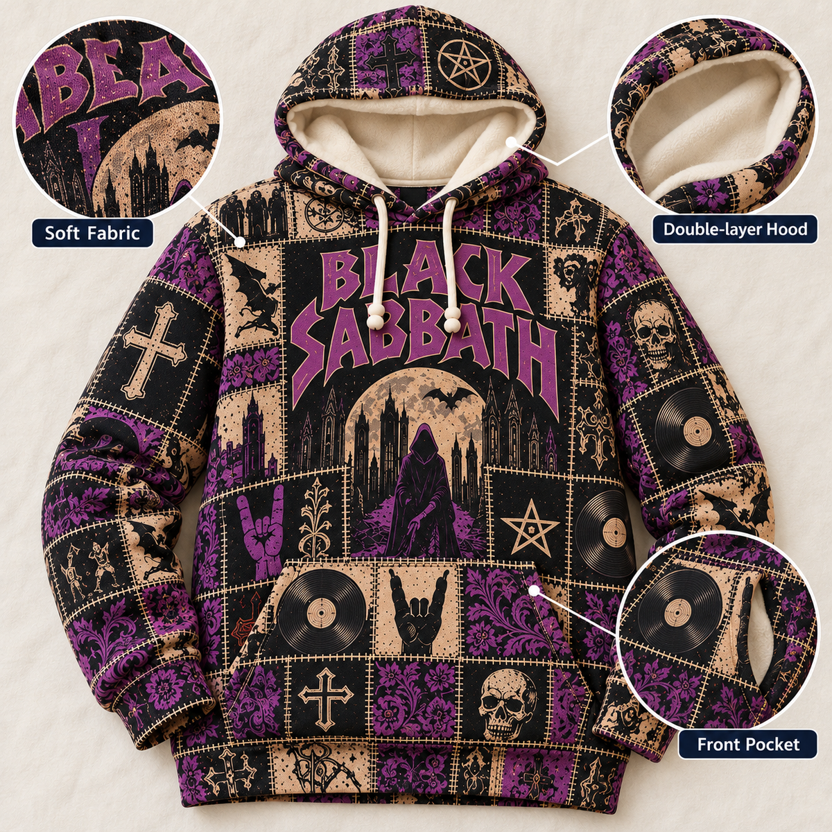 Black Sabbath Patchwork Hoodie – Vintage Heavy Metal Band Graphic Pullover, Purple Gothic Rock Hoodie, Classic Metal Fan Gift