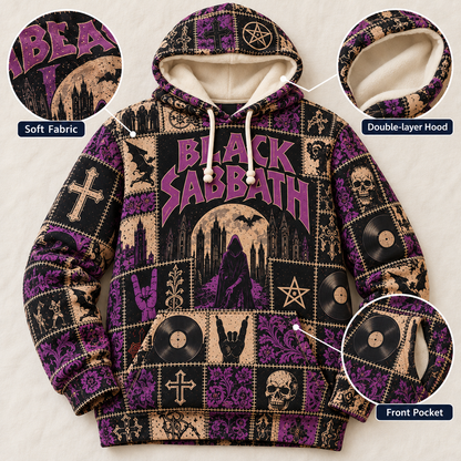 Black Sabbath Patchwork Hoodie – Vintage Heavy Metal Band Graphic Pullover, Purple Gothic Rock Hoodie, Classic Metal Fan Gift