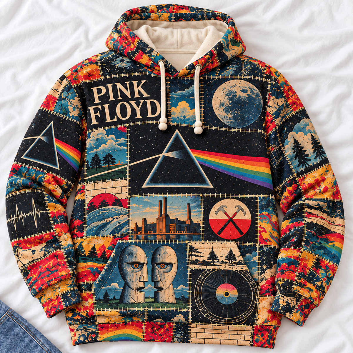 Pink Floyd Patchwork Hoodie – Vintage Psychedelic Rock Graphic Pullover, Dark Side of the Moon Inspired Sweatshirt, Retro 70s Rock Music Hoodie