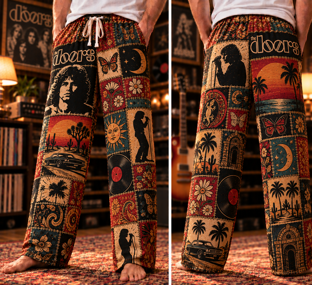 The Doors Patchwork Pajama Pants - Vintage Psychedelic Rock Art Lounge Pants with Elastic Waistband, Adjustable Drawstring & Two Side Pockets